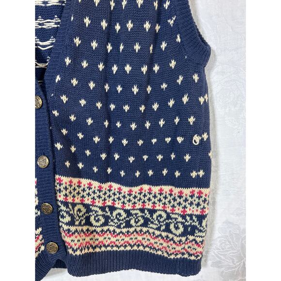 Vintage Cardigan Sweater Vest Medium Navy Blue Cream Pink Nordic Winter - Picture 2 of 8